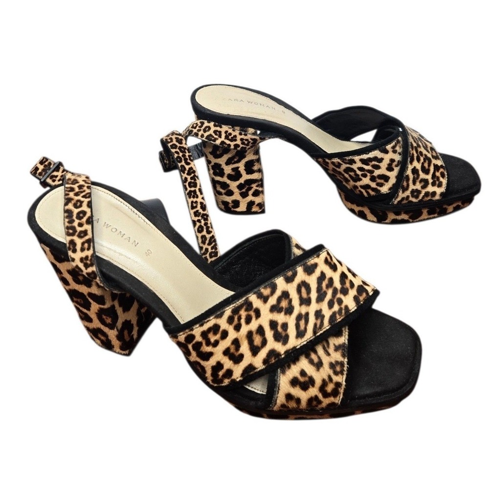 ZARA Leopard Print Cow Hair Platform Heel Sandals EU 40 Y2K Sexy Club Rave Rare - Picture 6 of 16